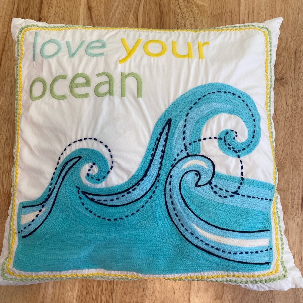 Pottery Barn Ocean 16x16 embroidered pillow